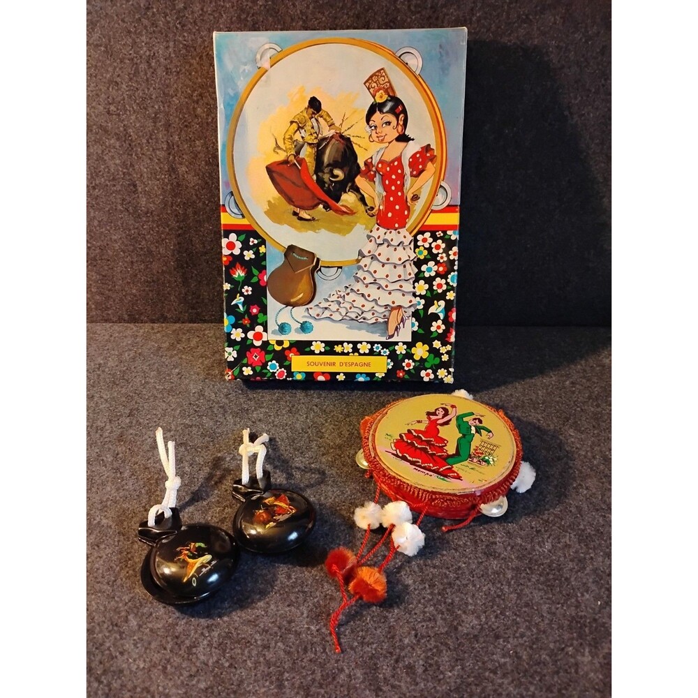 Vintage Souvenir Toy Tambourine and Castanets from Spain w Box Artist Mompo